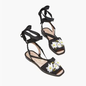 Kate Spade Michaela Sandals Ribbons Black Linen White Embroidered Daisy Size 8